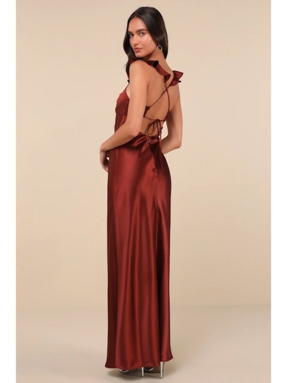 Lulus Small Rust Red Exuberant Luxury Satin Ruffled Lace Up Maxi Dress
